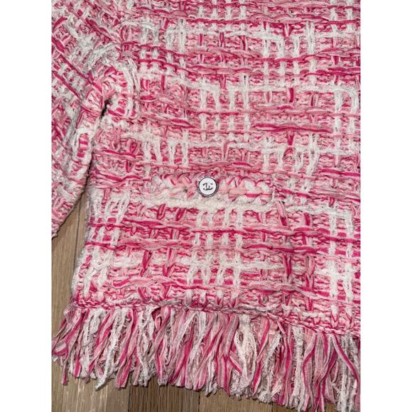 Chanel 24P Pink White Knit Frayed Tweed CC Logo Short Sleeve Pullover Top 38 - Picture 12 of 16